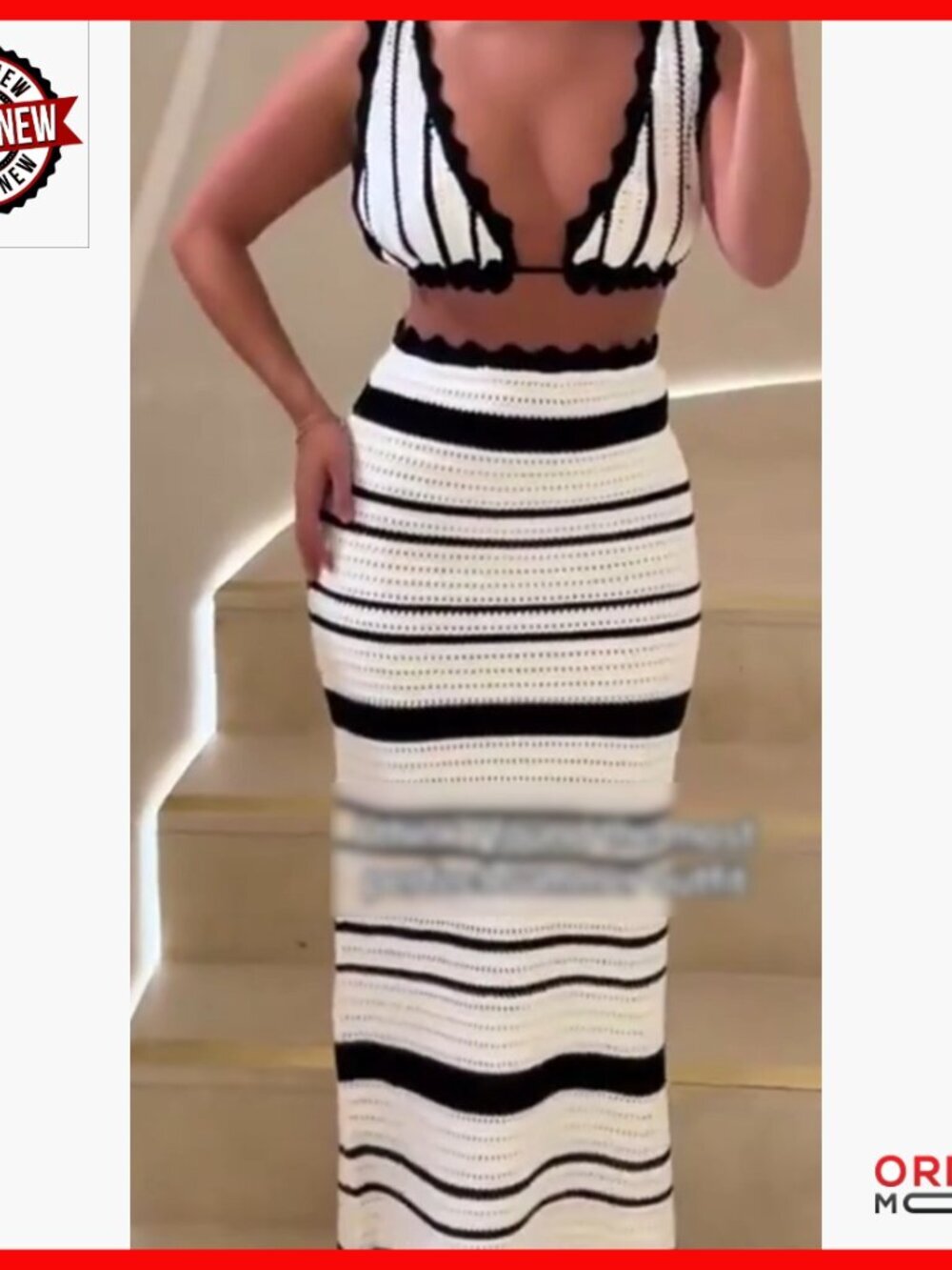 Striped Two Piece Set Deep V Neck Sleeveless Crop Top Midi Skirt - Picture 7 of 7